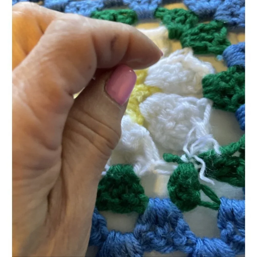 Vintage Handmade Crochet Granny Square Floral Afghan Blanket Blue White 78x80